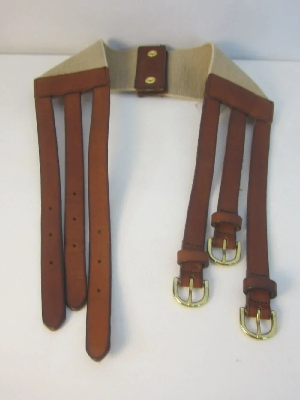 J Crew Women S Brown Leather Stretch Belt Triple Buckle Wide Gold Buckle USA - Picture 9 of 10